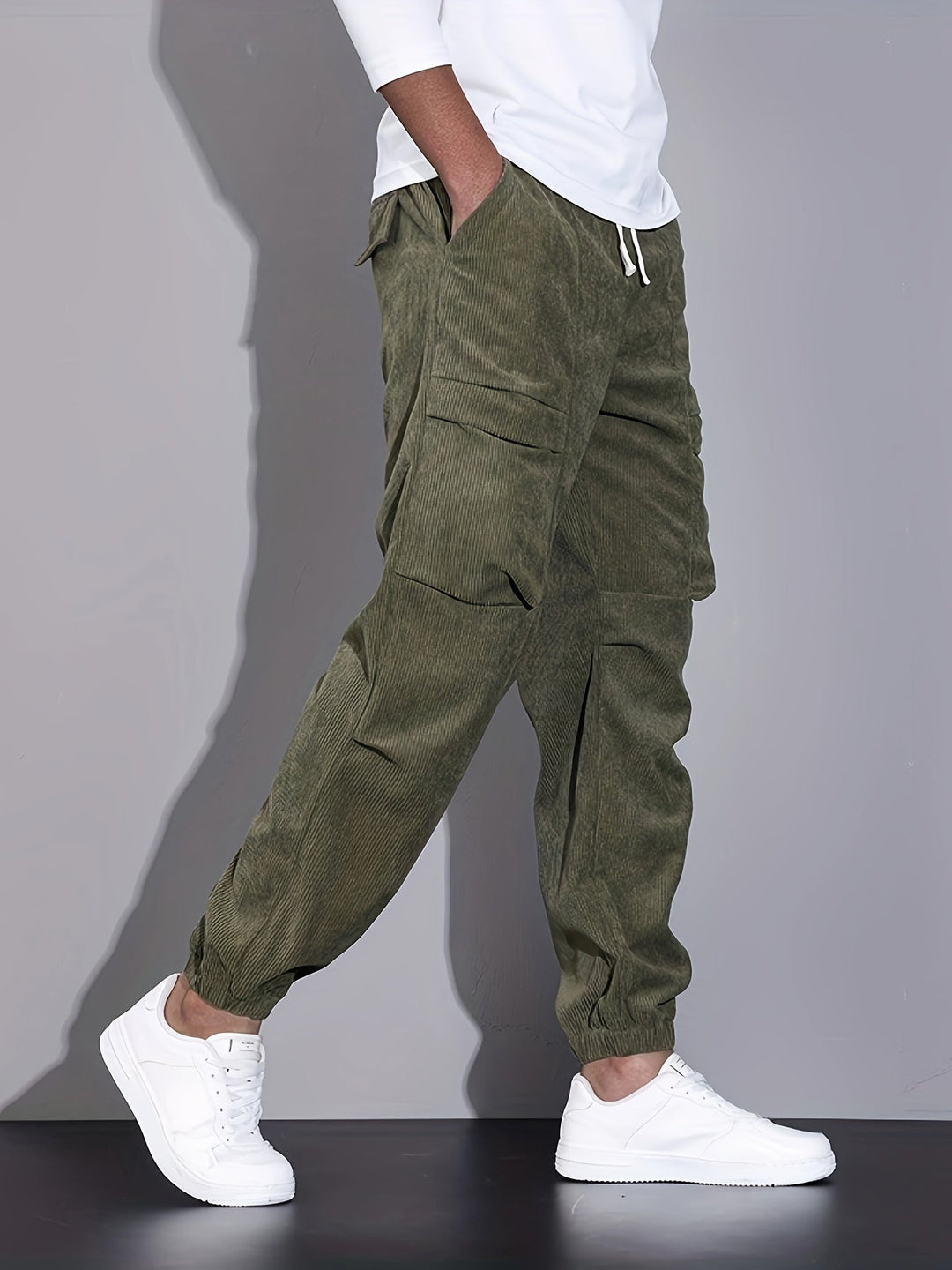 Men's Corduroy Cargo Trousers – Relaxed Tapered Drawstring Fit – view 10