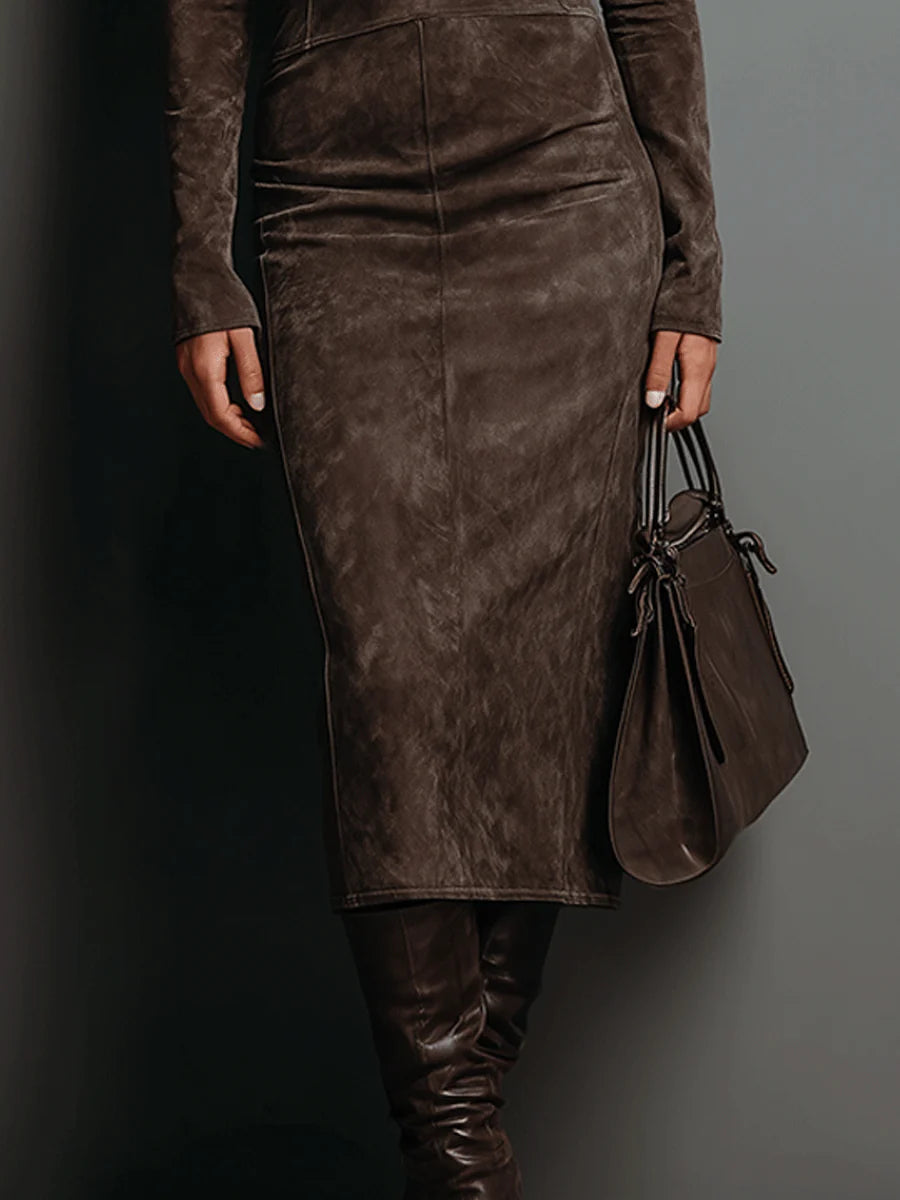 Women's Long Sleeve Suede Midi Dress - Effortless Elegance