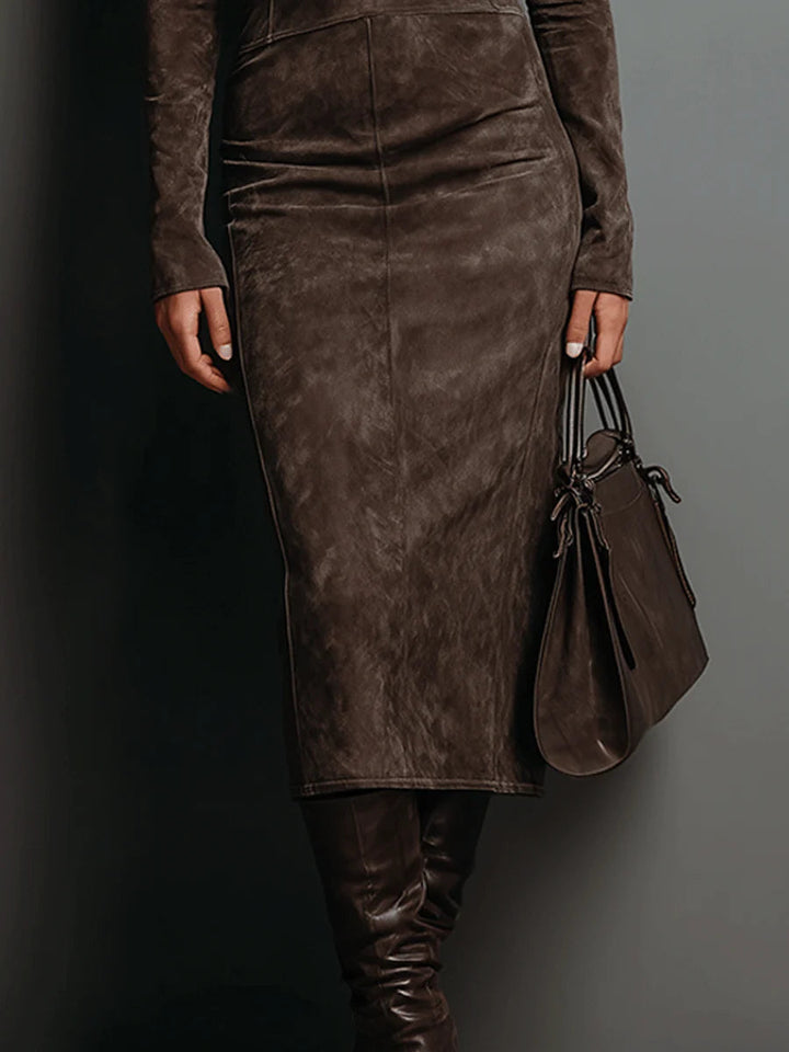 Women's Long Sleeve Suede Midi Dress - Effortless Elegance