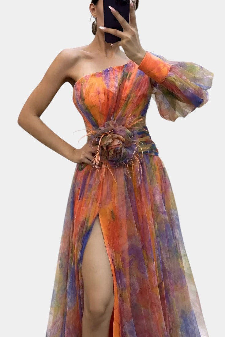 Women's Watercolor-Print One-Shoulder Maxi Dress - Elegant Event