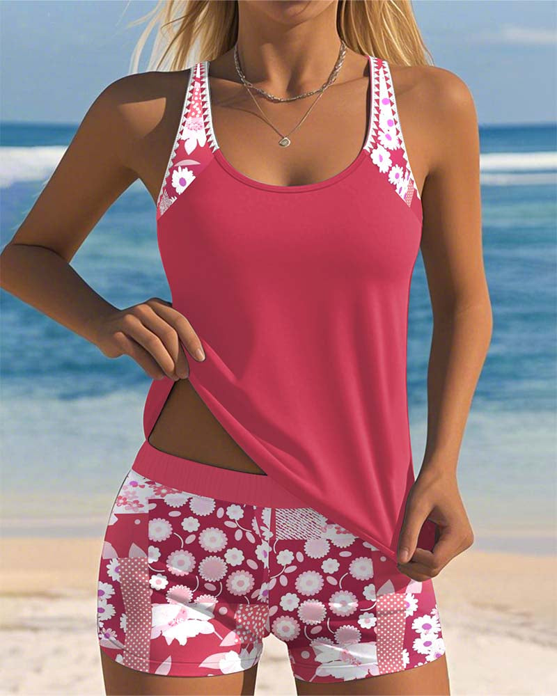 Women's Printed Tankini Shorts Set - Breezy Summer Swimwear