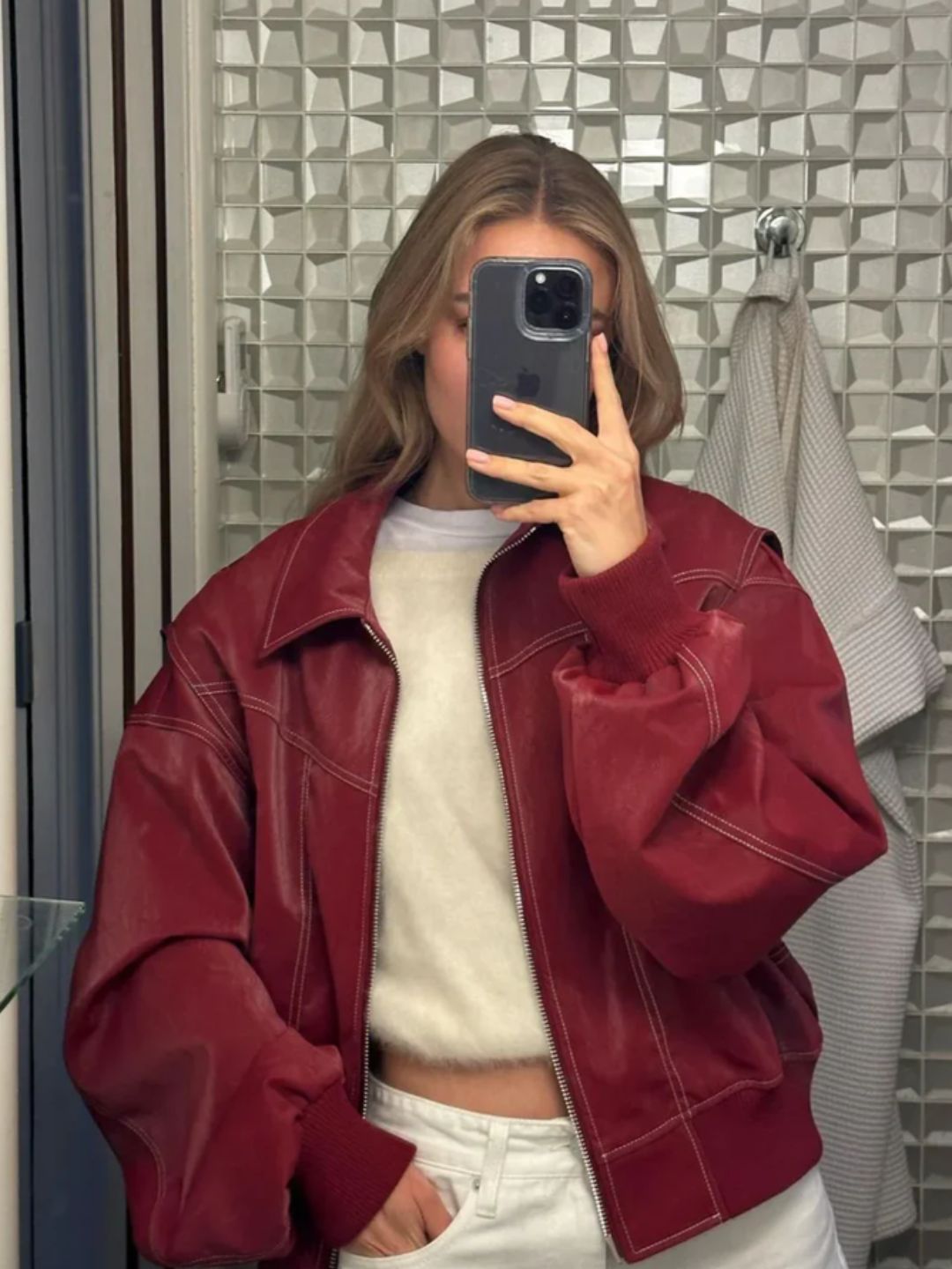 Women's Faux Leather Jacket – Relaxed Zip-Up Moto Style – view 6