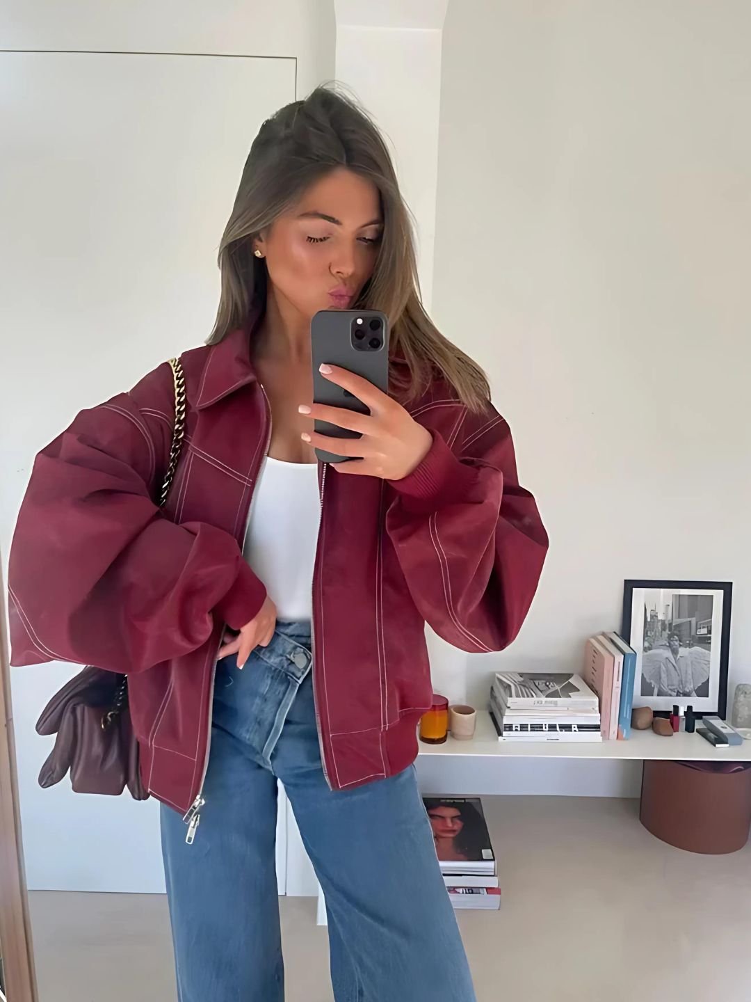 Women's Faux Leather Jacket – Relaxed Zip-Up Moto Style – view 7