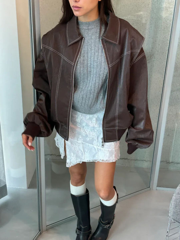 Women's Faux Leather Jacket – Relaxed Zip-Up Moto Style
