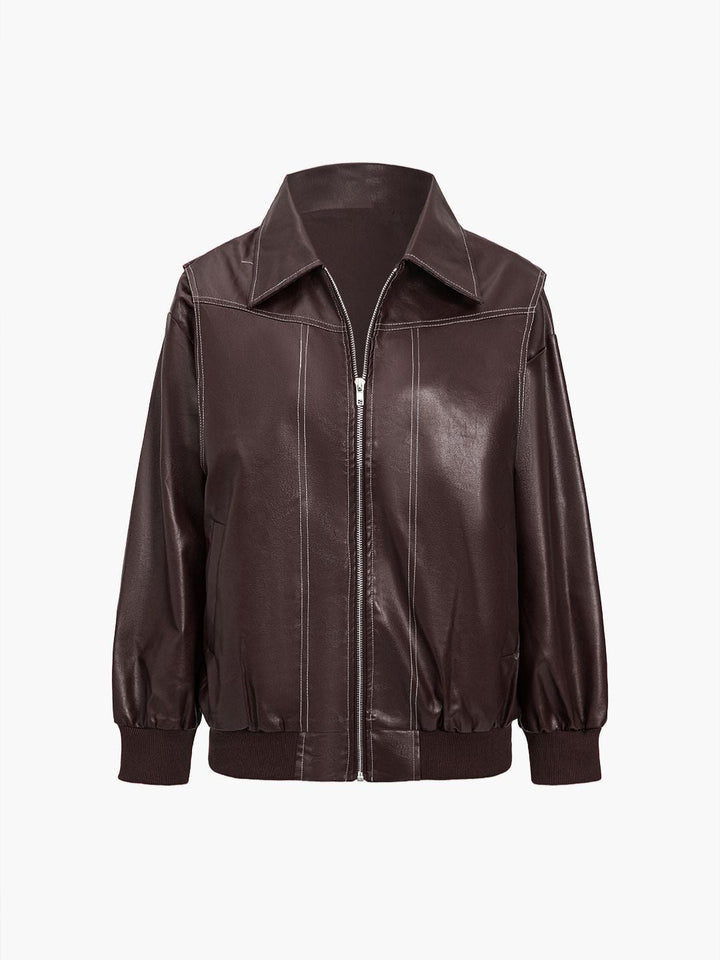 Women's Faux Leather Jacket – Relaxed Zip-Up Moto Style