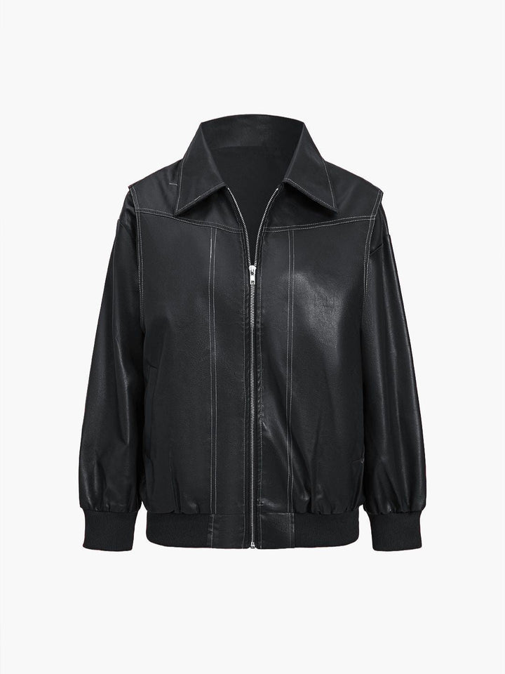 Women's Faux Leather Jacket – Relaxed Zip-Up Moto Style
