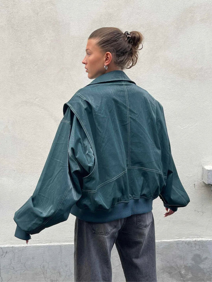 Women's Faux Leather Jacket – Relaxed Zip-Up Moto Style