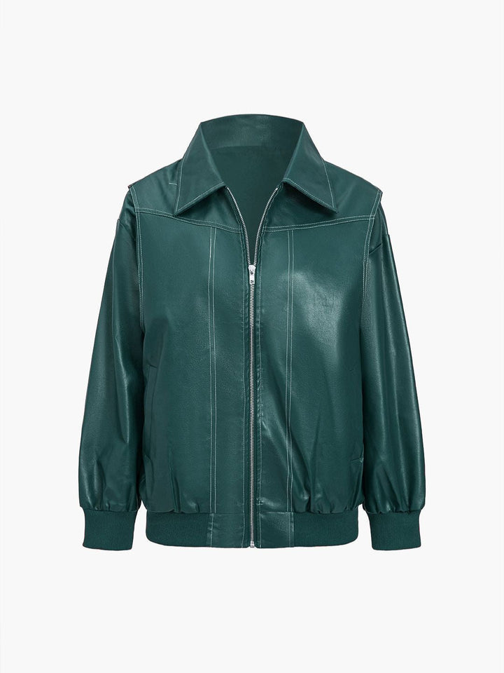 Women's Faux Leather Jacket – Relaxed Zip-Up Moto Style