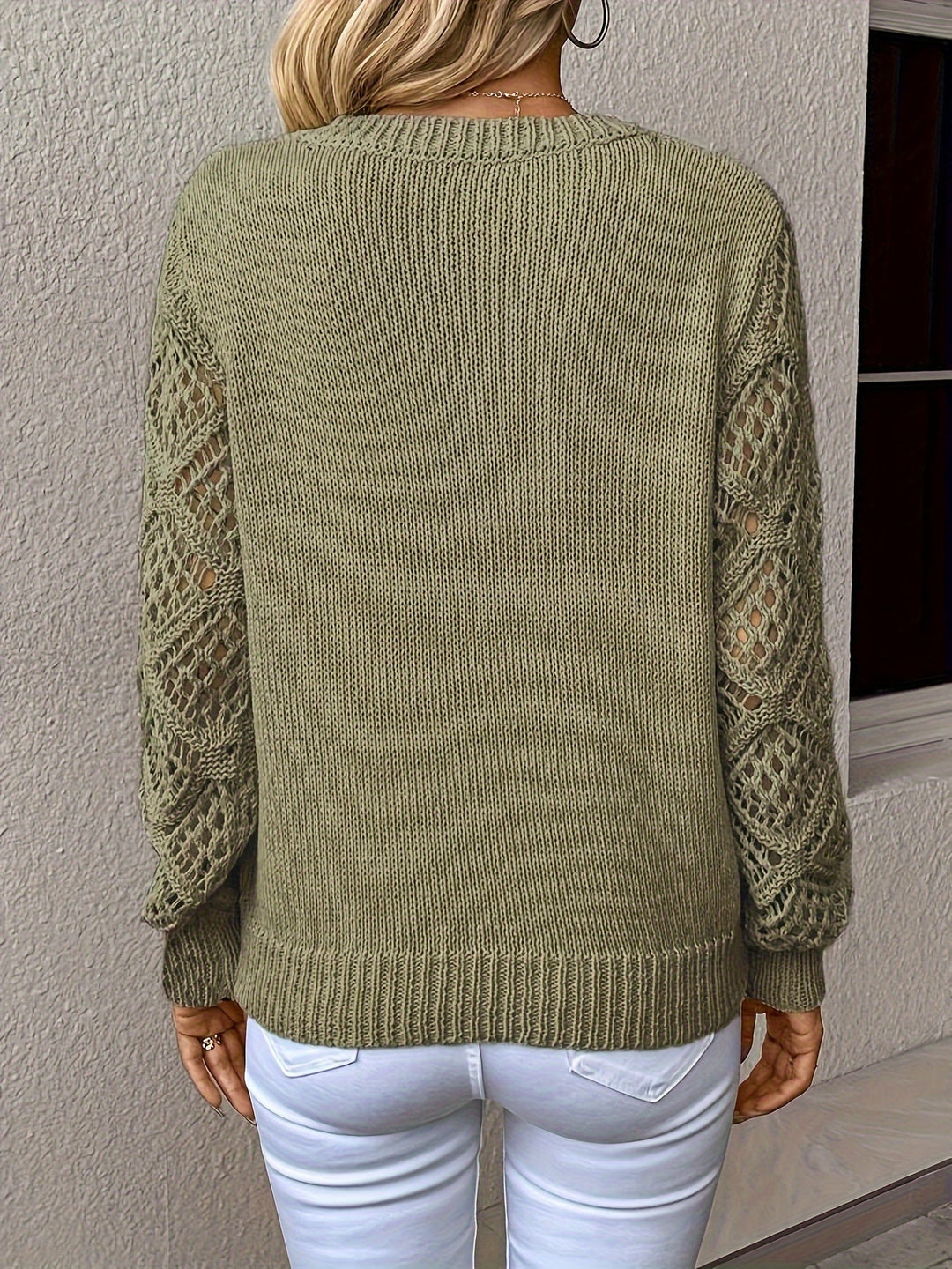 Women's V-Neck Open Knit Jumper – Long Sleeve Pullover