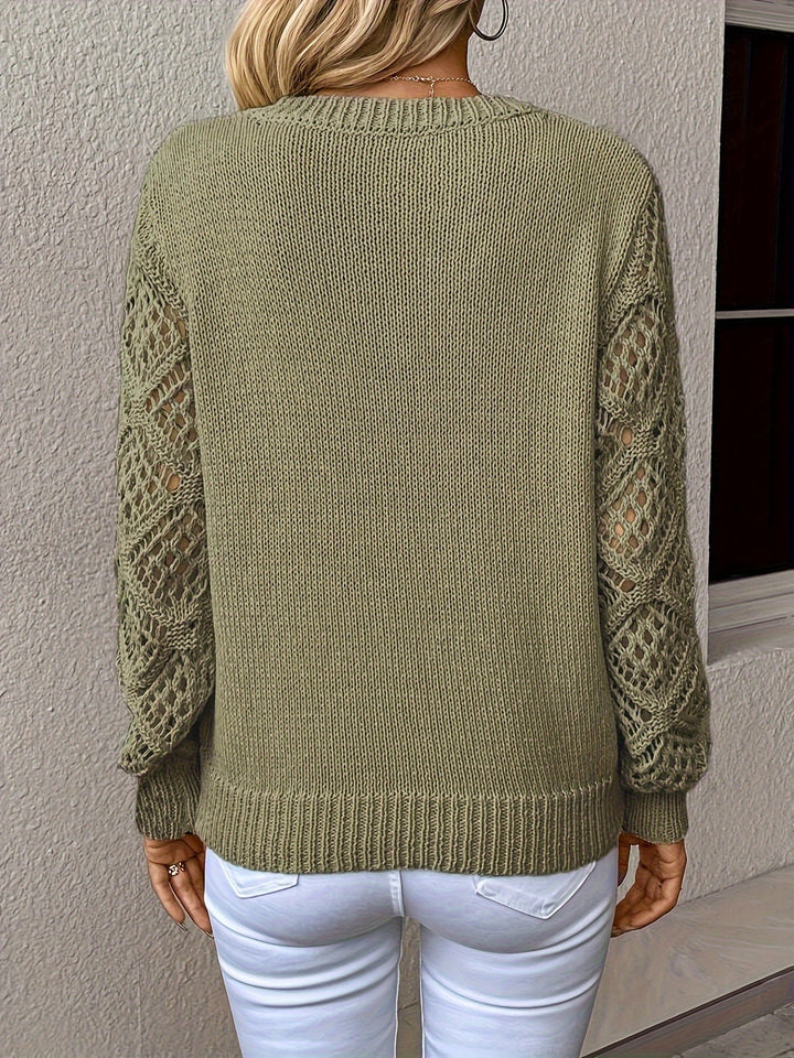 Women's V-Neck Open Knit Jumper – Long Sleeve Pullover