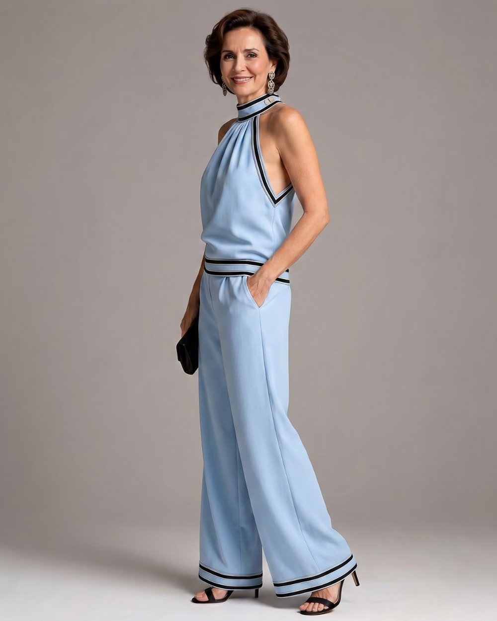 Women's Contrast Trim Halter Neck Wide Leg Jumpsuit - Warm Weather