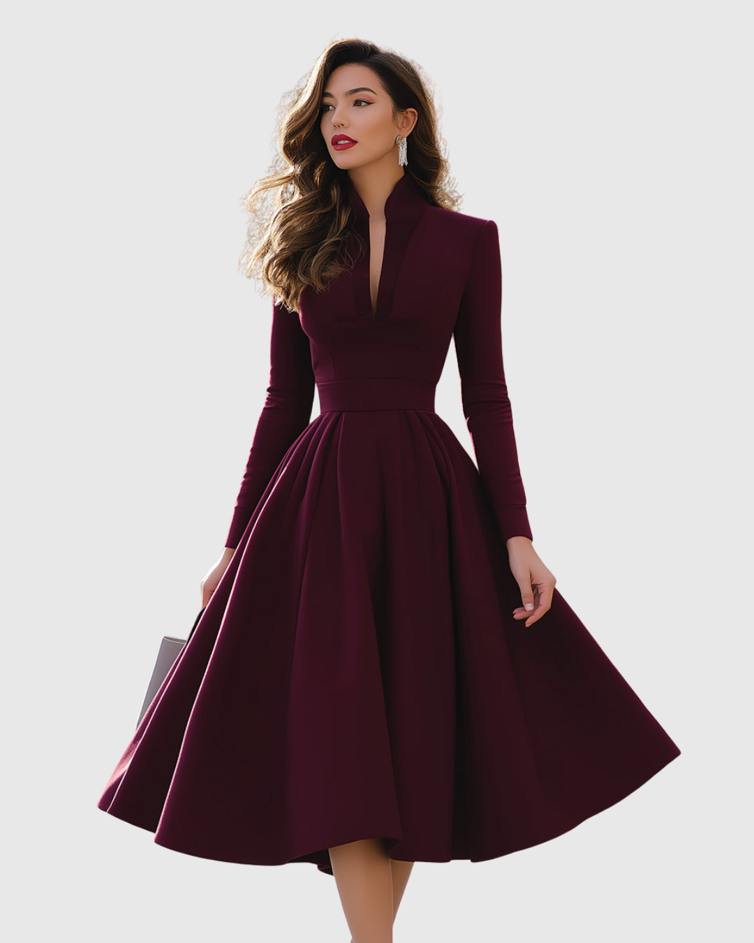 Women's Deep Wine V-Neck Midi Dress - Evening Glamour