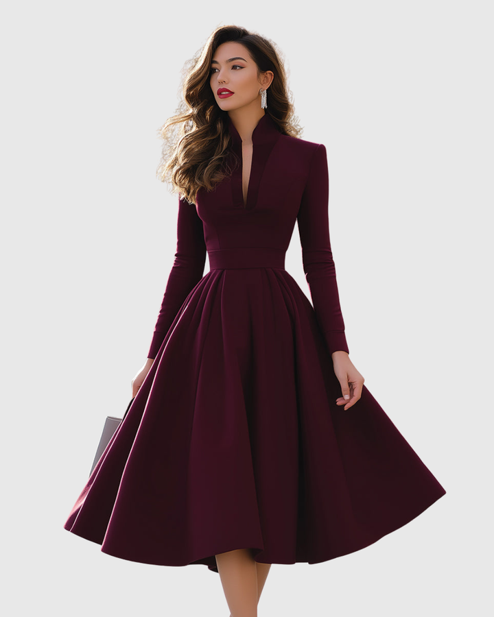 Women's Deep Wine V-Neck Midi Dress - Evening Glamour
