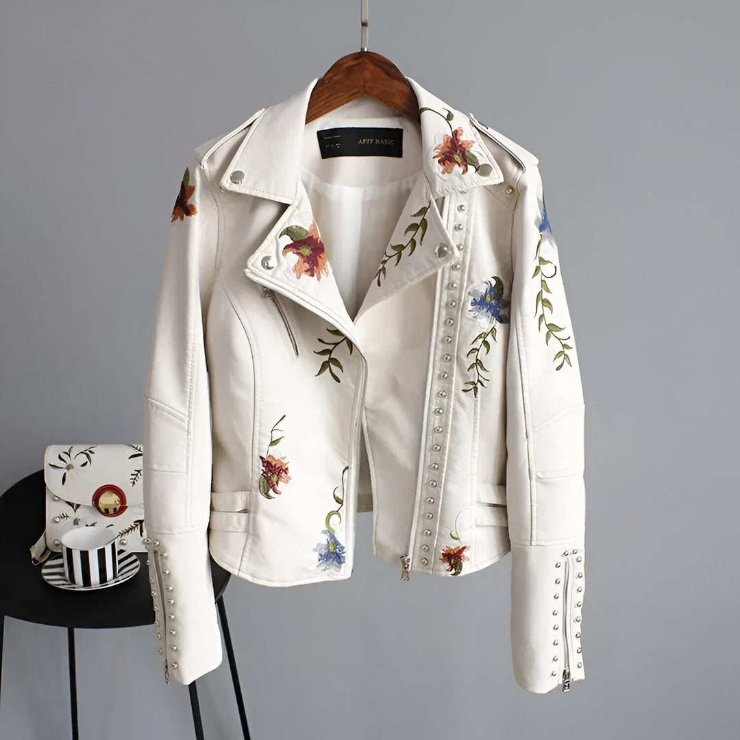 Women's Studded Vegan Leather Biker Jacket – Floral Embroidery – view 7