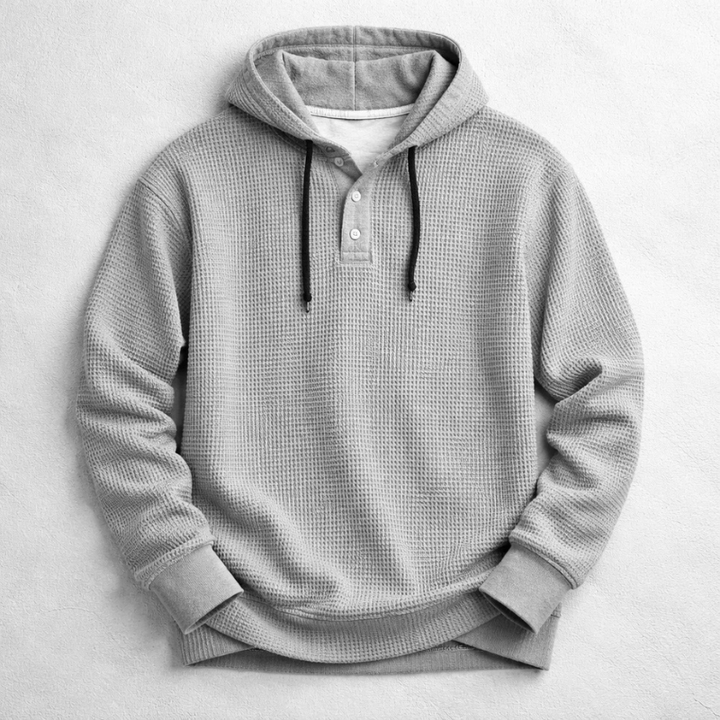 Men's Waffle-Knit Henley Hoodie – Textured Cotton Hooded Top – Charcoal