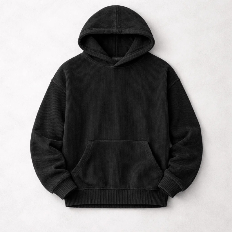 Men's Corduroy Hoodie – Relaxed Fit Hooded Sweatshirt – Black