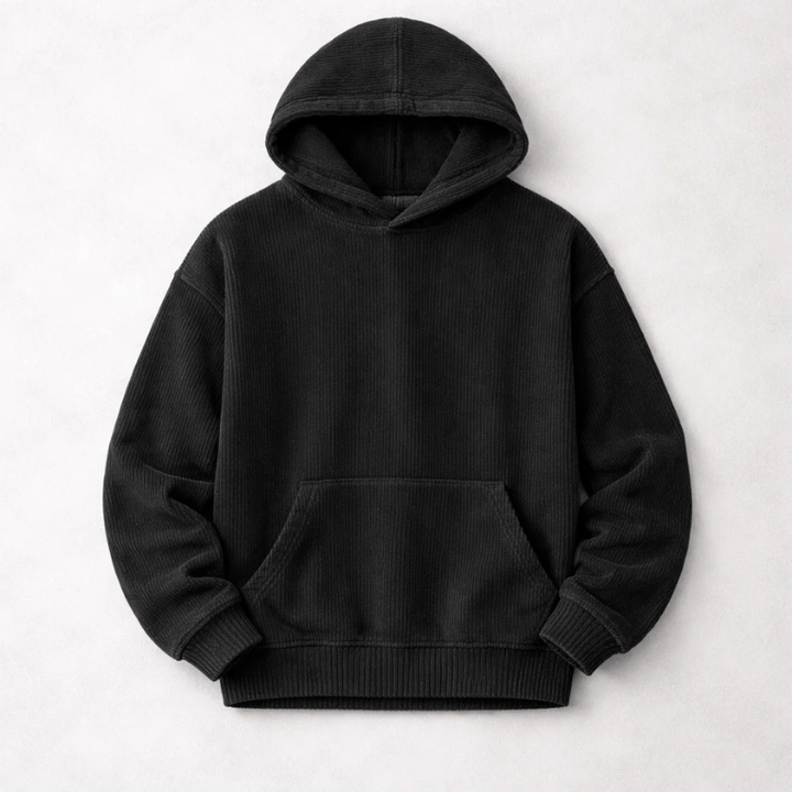 Men's Corduroy Hoodie – Relaxed Fit Hooded Sweatshirt – Black