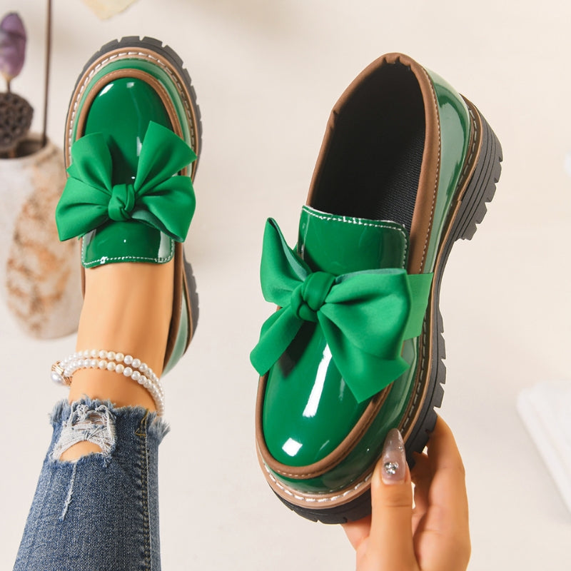 Women's Patent Leather Bow Loafers – Chunky Platform Sole – Green