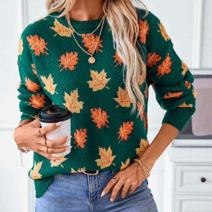 Women's Knitted Autumn Jumper – Maple Leaf Crew Neck Sweater – view 3