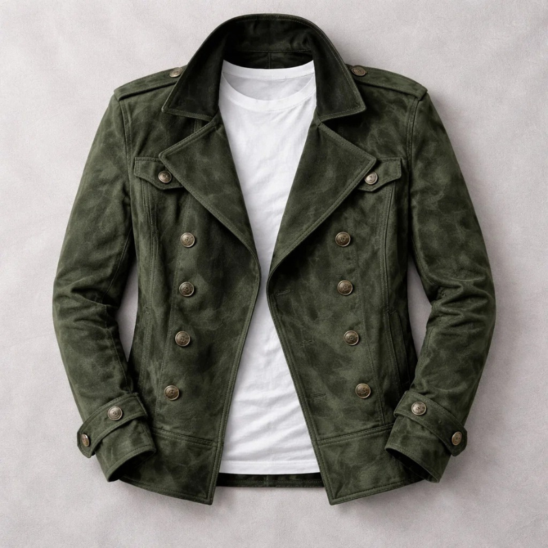 Men's Suede Peacoat – Double-Breasted Tailored Winter Coat – Green