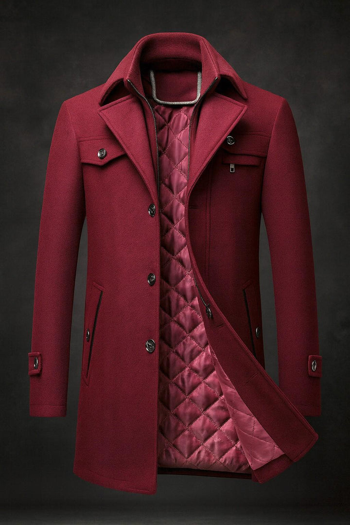 Men's Wool Overcoat – Tailored Quilted-Lined Winter Topcoat – Burgundy
