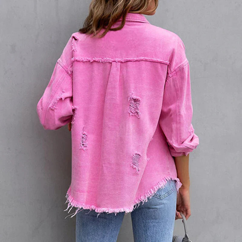 Women's Frayed Denim Jacket – Relaxed Distressed Cotton – view 3