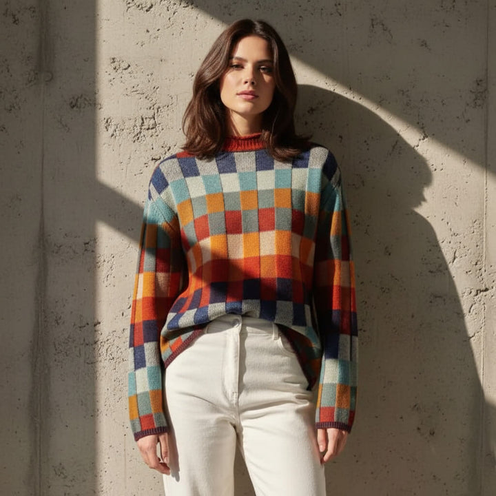 Women's Merino Wool Colour-Block Jumper – Mock Neck Knit – view 4