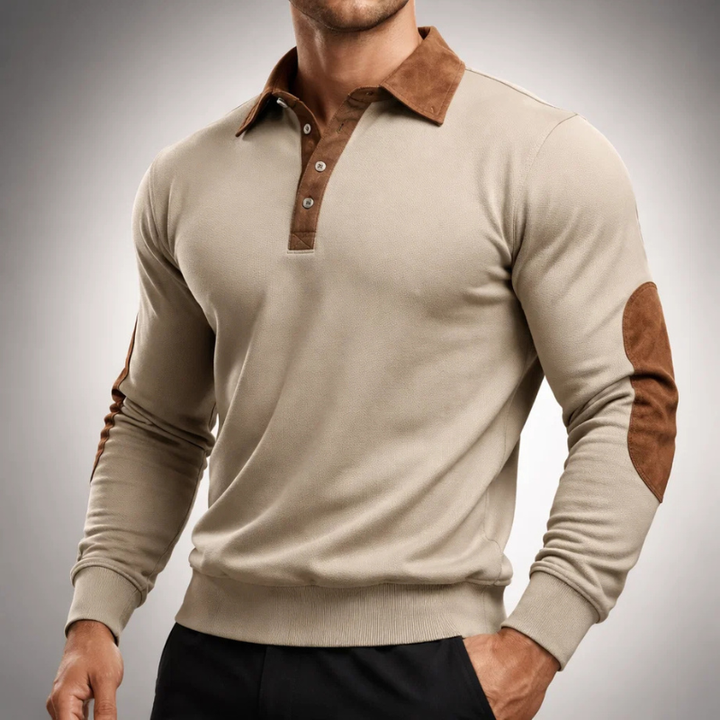 Men's Cotton Long-Sleeve Polo Pullover – Smart-Casual Knit – Khaki