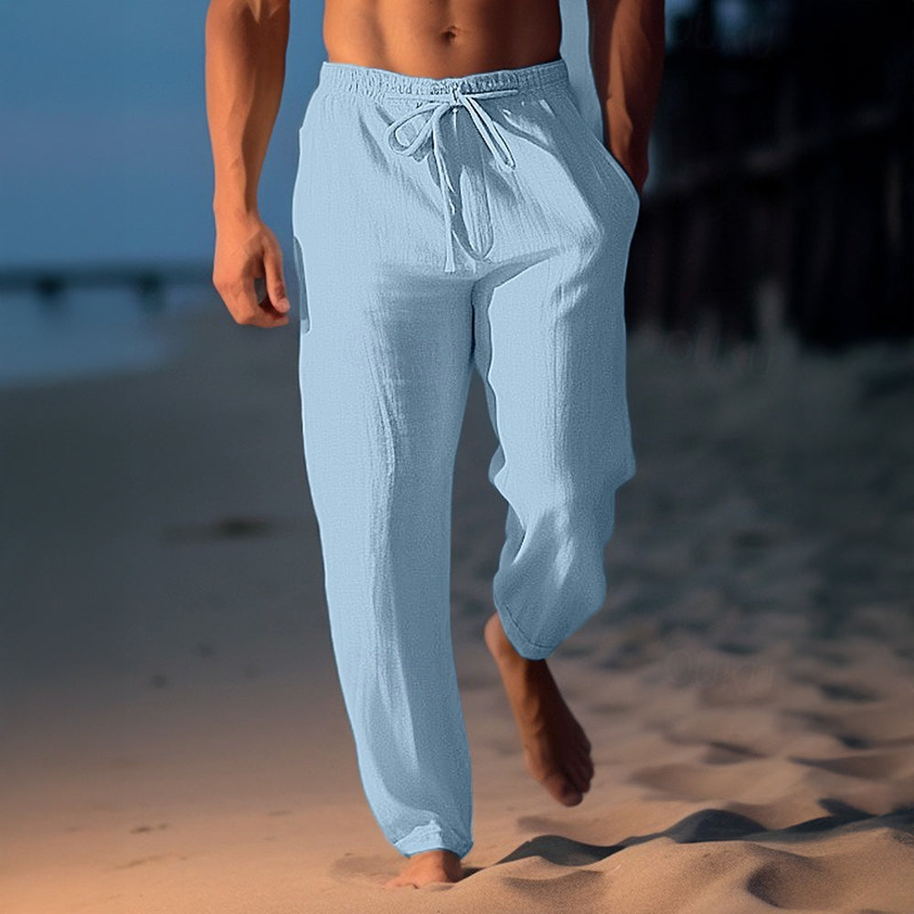 Men's Linen Blend Drawstring Trousers – Relaxed Summer Fit – White
