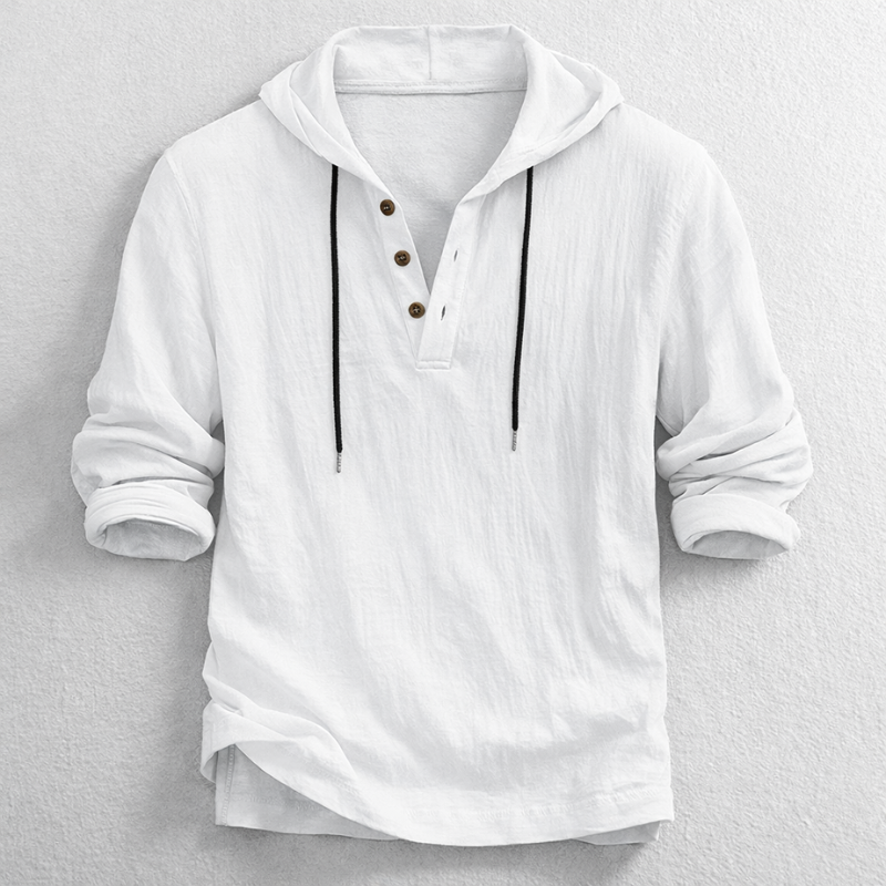 Men's Linen Hooded Henley – Breathable Relaxed Summer Shirt – White