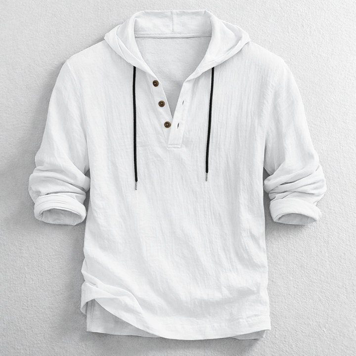 Men's Linen Hooded Henley – Breathable Relaxed Summer Shirt – White