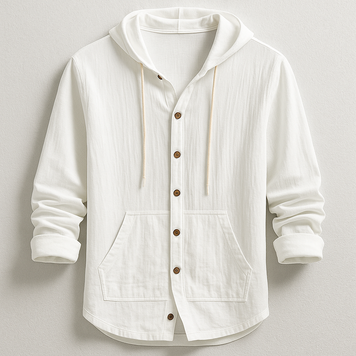Men's Cotton-Linen Hooded Shirt – Relaxed Button-Up Layer – White