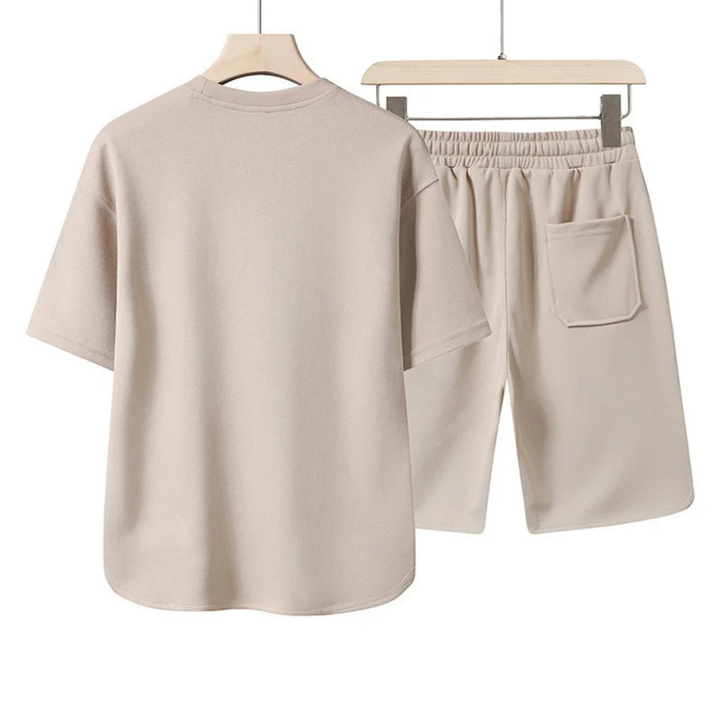 Men's Cotton-Blend Lounge Set – Drop-Shoulder Tee & Shorts Co-ord – Beige
