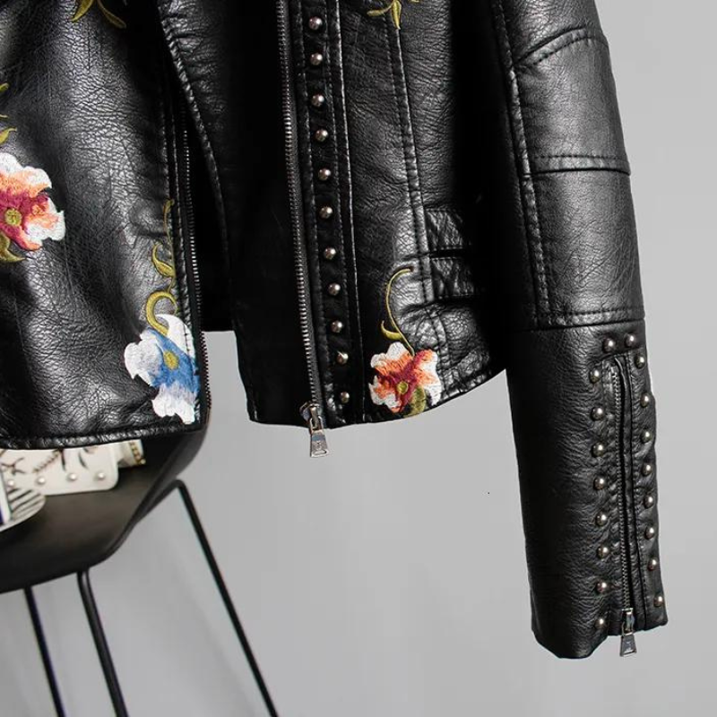 Women's Studded Vegan Leather Biker Jacket – Floral Embroidery – view 5
