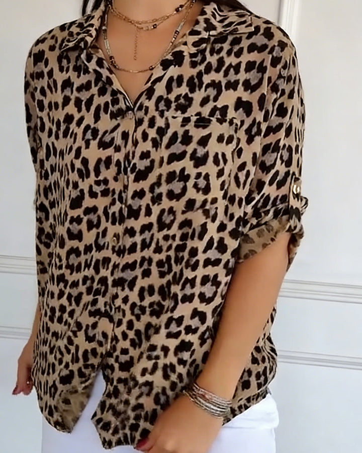 Women's Cotton Blend Leopard Print V-Neck Blouse - Chic Daily Wear