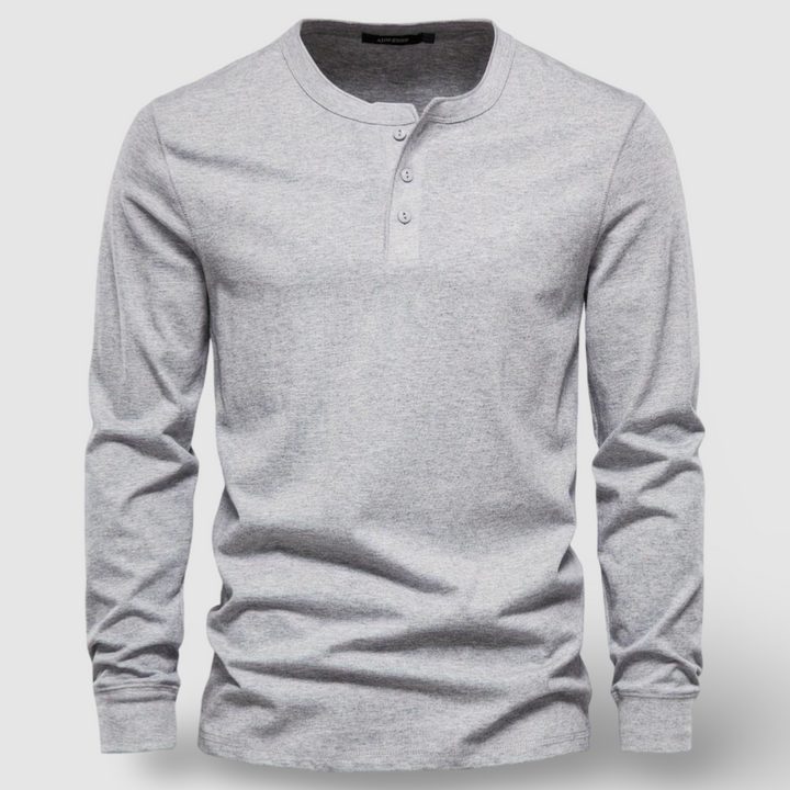 Men's Long Sleeve Cotton Henley – Buttoned Everyday Top – Light Grey