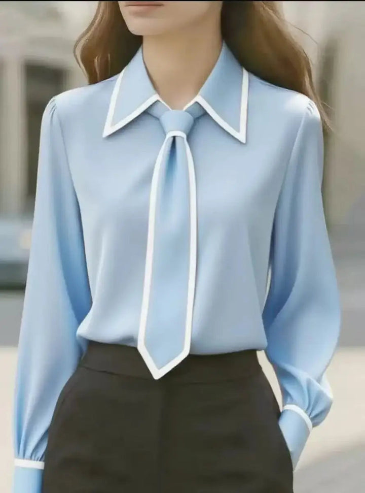 Women's Cotton-Blend Tie Blouse – Contrast Piping Workwear – Sky Blue