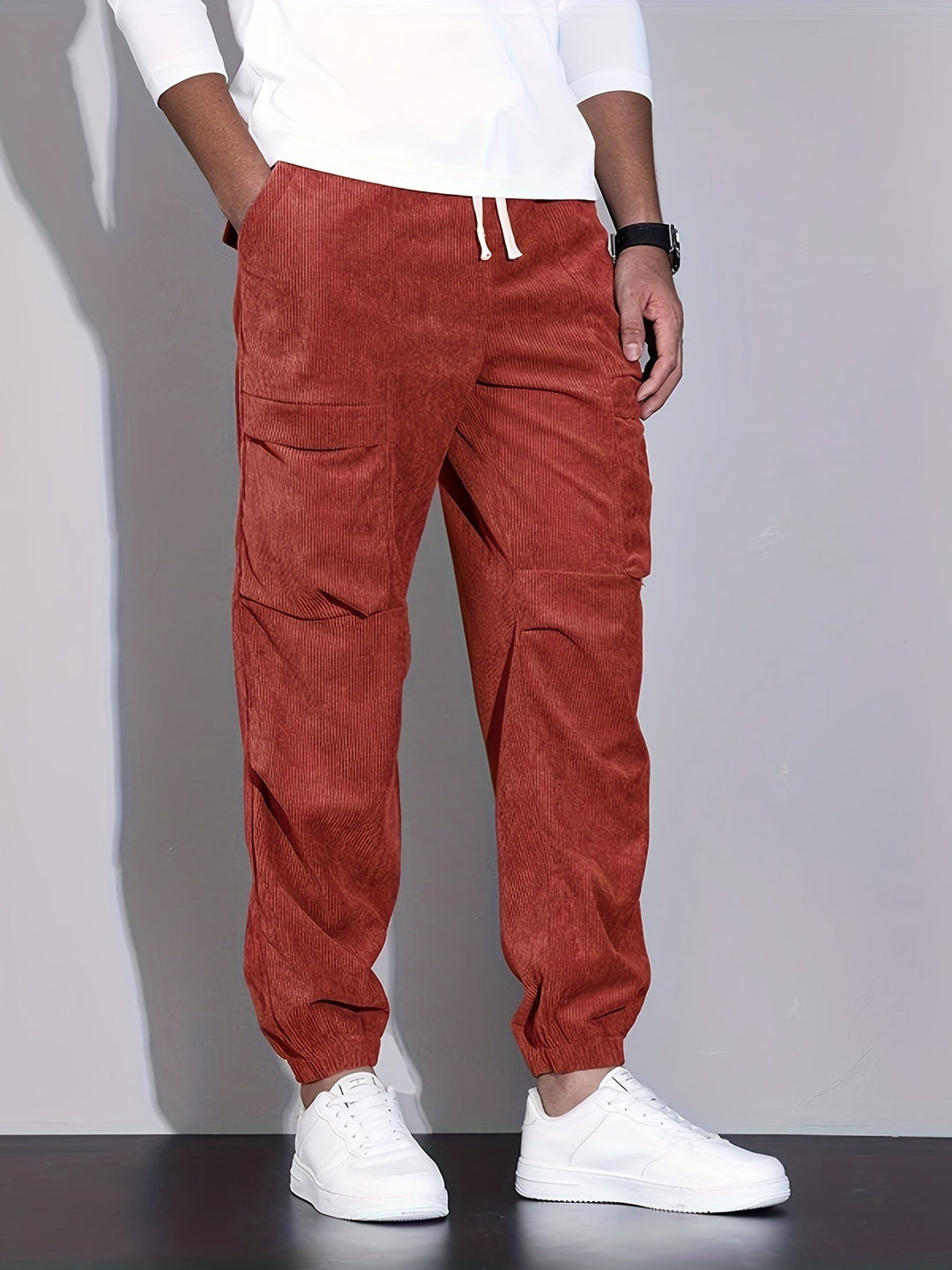 Men's Corduroy Cargo Trousers – Relaxed Tapered Drawstring Fit – view 9