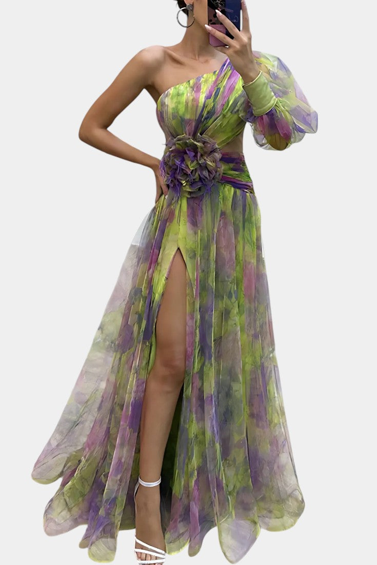 Women's Printed One-Shoulder Maxi Dress - Perfect for Weddings