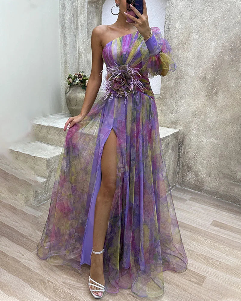 Women's Asymmetric One-Sleeve Slit Dress - Elegant Formal Event Wear