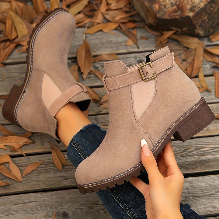 Women's Faux Suede Buckle Chelsea Boots – Low Block Heel – view 2