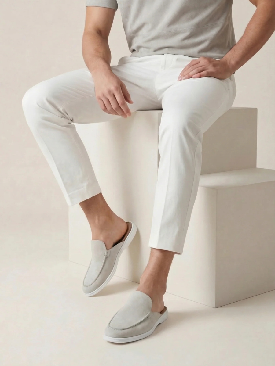 Men's Leather Slip-On Mules – Yacht Loafers – White – view 2