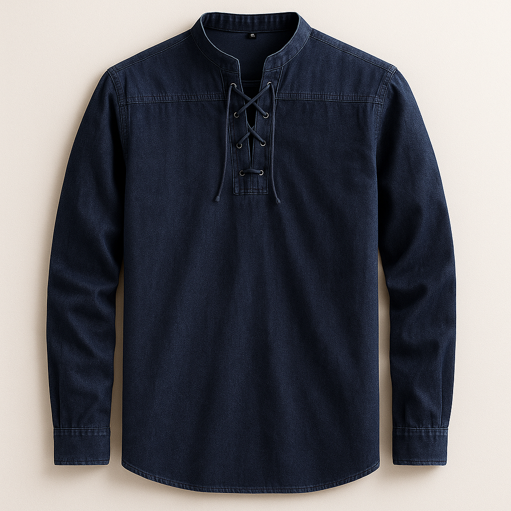 Men's Linen Cotton Lace-Up Shirt – Band Collar Relaxed Fit – Navy