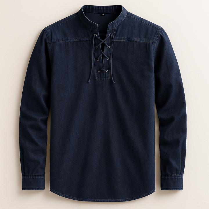 Men's Linen Cotton Lace-Up Shirt – Band Collar Relaxed Fit – Navy