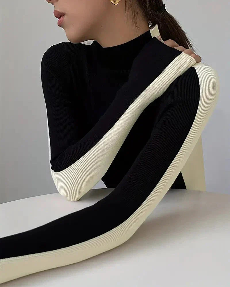 Women's Ribbed Knit Top with High Neck – Colour-Block Design – view 6