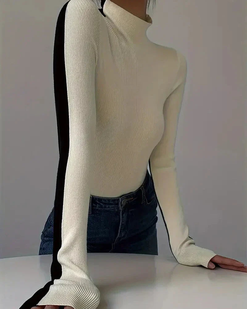 Women's Ribbed Knit Top with High Neck – Colour-Block Design – view 2
