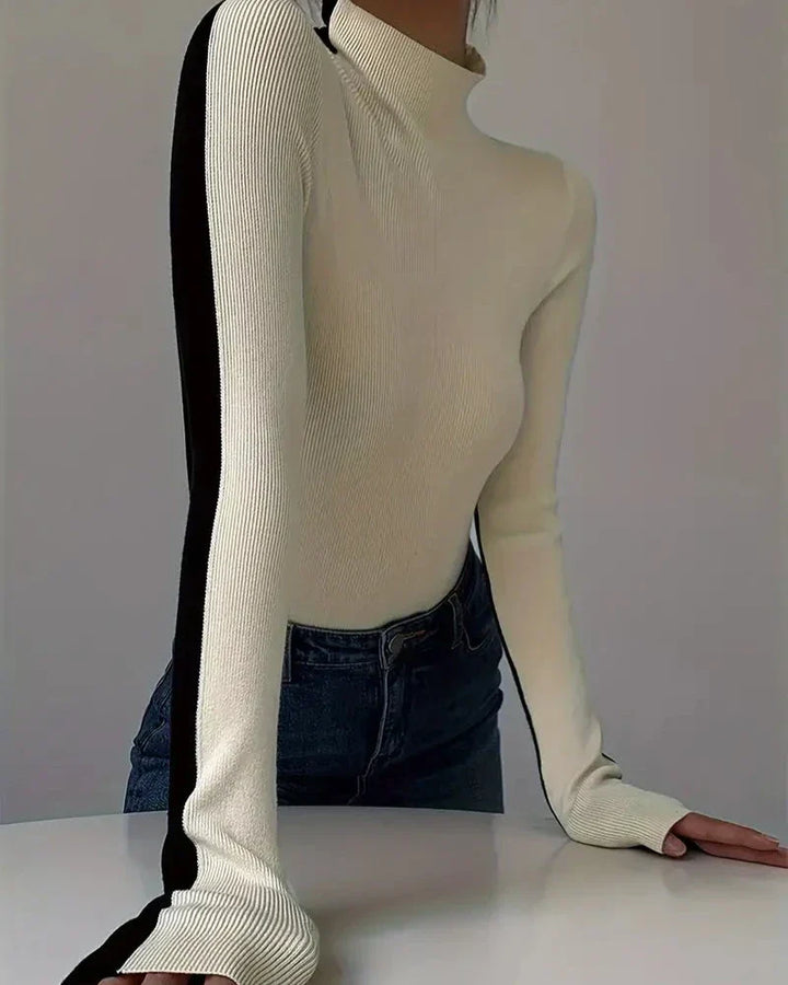 Women's Ribbed Knit Top with High Neck – Colour-Block Design – view 2