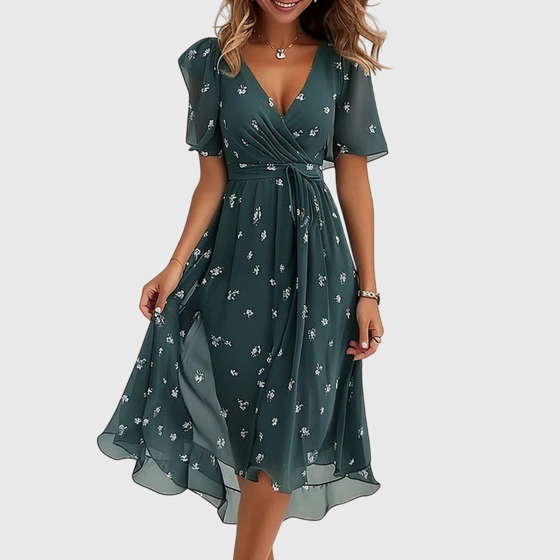 Women's Wrap-Style Midi Dress - Breezy Flutter Sleeve