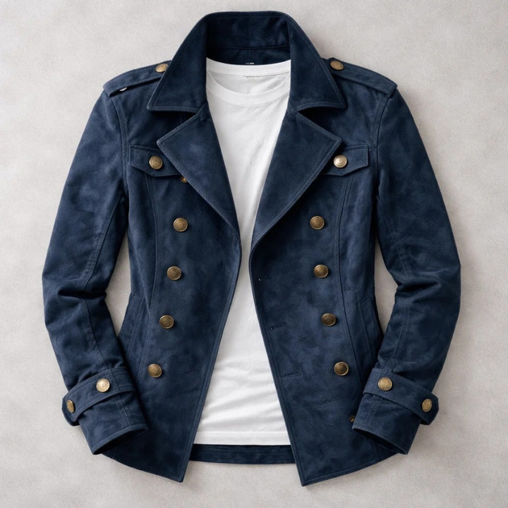 Men's Suede Peacoat – Double-Breasted Tailored Winter Coat – Navy