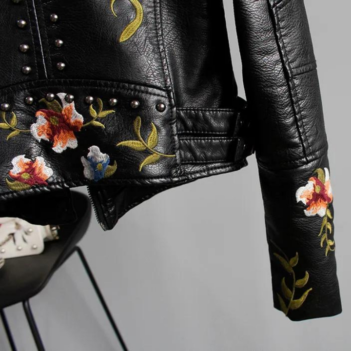 Women's Studded Vegan Leather Biker Jacket – Floral Embroidery – view 6